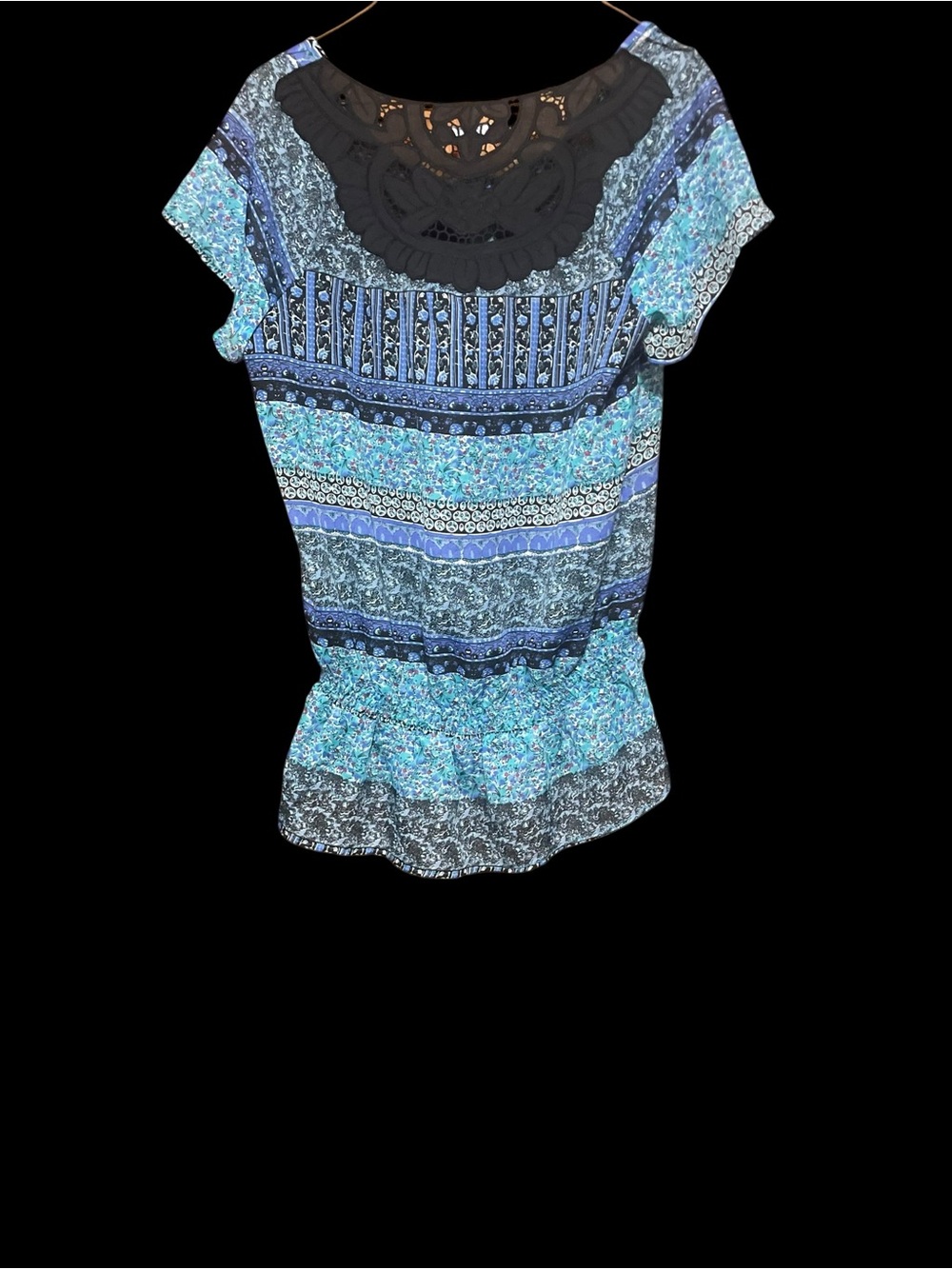 NY Collection Blue Patterned Short Sleeve Top with Black Crochet Yoke